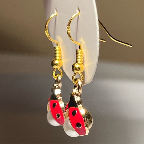Red Pearl Ladybug Earrings - Picture 2 of 4